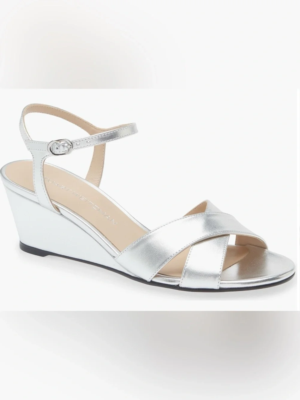 Stuart Weitzman Dayna Ankle Strap Wedge Silver Sandal Woman’s Size 6 NWOB